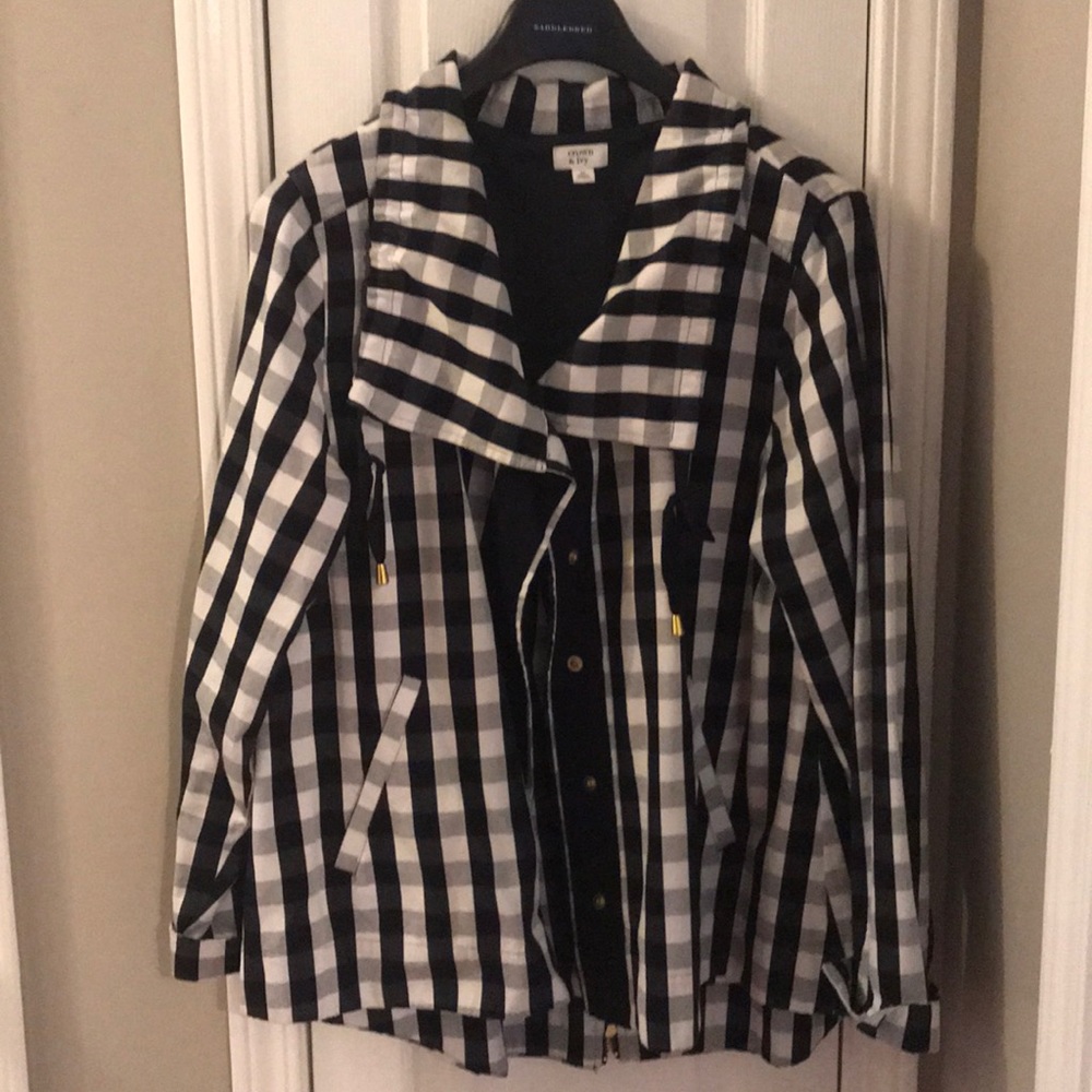 Navy blue and white checked pea jacket